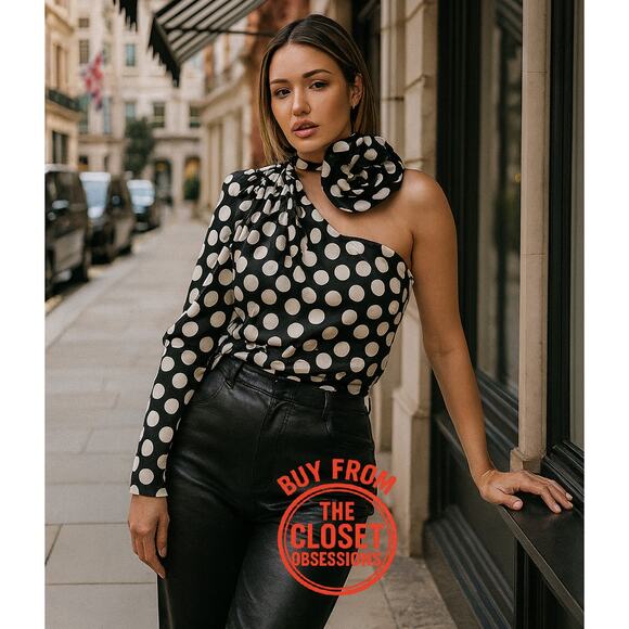 MANGO Asymmetrical Polka Dot Satin Blouse ✨🖤🤍 NWT - Picture 5 of 16